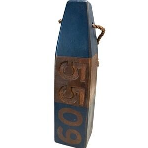 Pottery Barn Wooden Lobster Buoy Nautical Decor Navy Blue Natural Wood 15 Inch